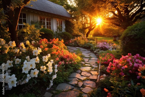 A photographer captures the beauty of the garden during the golden hour  the sunlight casting a warm glow.