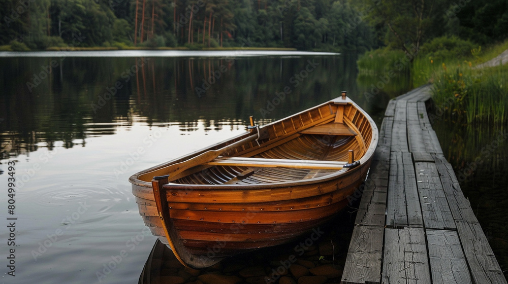 traditional wooden rowboat moored at rustic dock with oars resting on its gunwales and the stillness of early morning offering perfect opportunity for solitary reflection or peaceful excursion