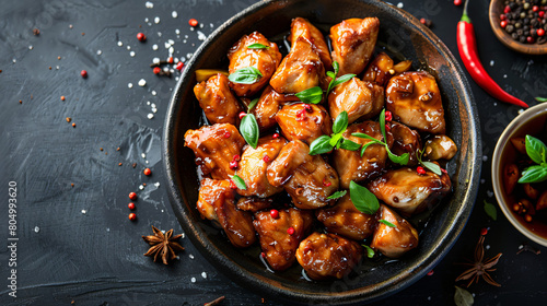 Tasty sweet and sour chicken in bowl with spices  photo