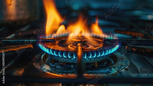 closeups of a natural gas stove flame on dark background