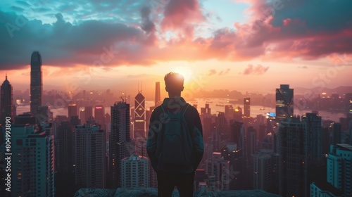 Thoughtful man contemplating sunset over city skyline  urban backdrop