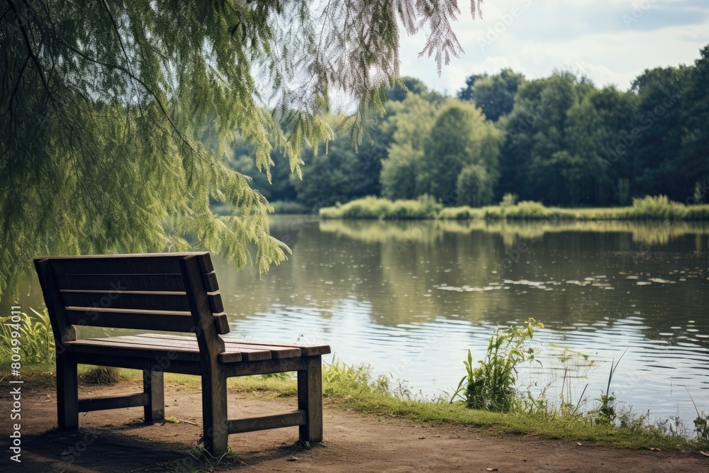 A solitary bench overlooks the pond, providing a perfect spot for solitary contemplation.