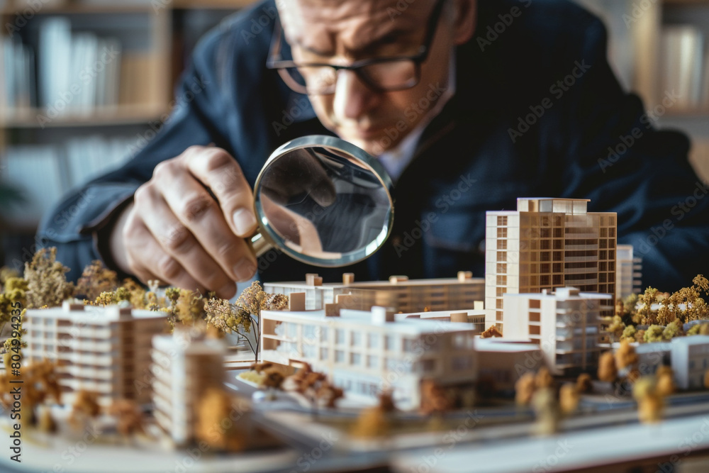 Architect examining a detailed building model under a magnifying glass 