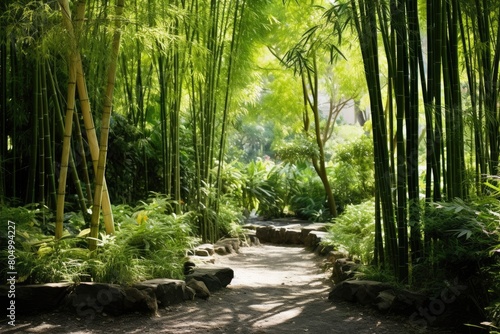 A bamboo grove at the edge of the garden rustles in the wind  adding a natural soundtrack to the scene.