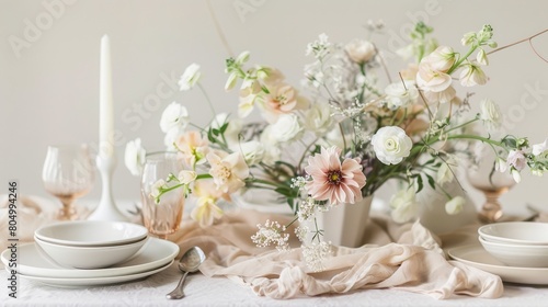 A beautifully arranged table featuring plates, silverware, and a stunning centerpiece of flowers including roses. The peachcolored petals add a touch of elegance to the creative arts display AIG50