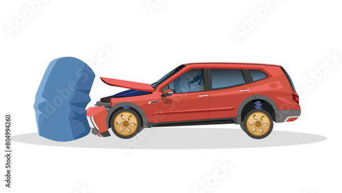 Accident of passenger car crashed into a trash tank. Driving test from an expert. Airbag is working. The hood was opened and the front grille was damaged. On isolated white background with shadow.