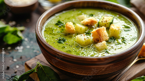 Tasty zucchini soup with croutons in bowl on table