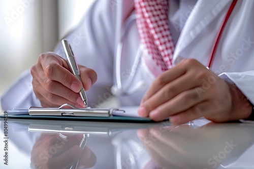 Saudi Gulf Arab man wearing a shemagh and white traditional dress, wearing a medical coat and a medical stethoscope in the hospital is writing a prescription for a patient on white background. photo