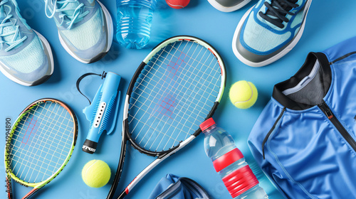 Tennis rackets balls clothes bottle of water and shoes photo