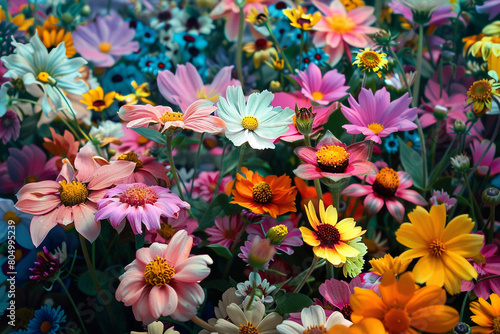 Array of colorful flowers blooming in a cosmic garden 