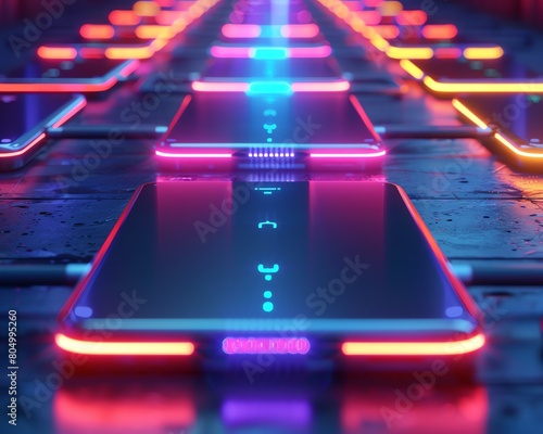 Futuristic USB ports glowing with neon lights at a highfashion runway event Ultra HD digital scene