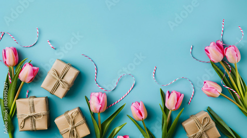 Text SPRING with gift boxes and pink tulips on blue background #804995297