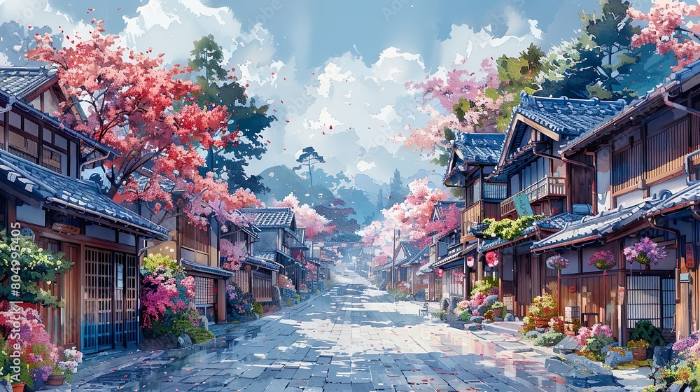 Fototapeta premium Kyoto streets with windows and houses and flowers in watercolor style