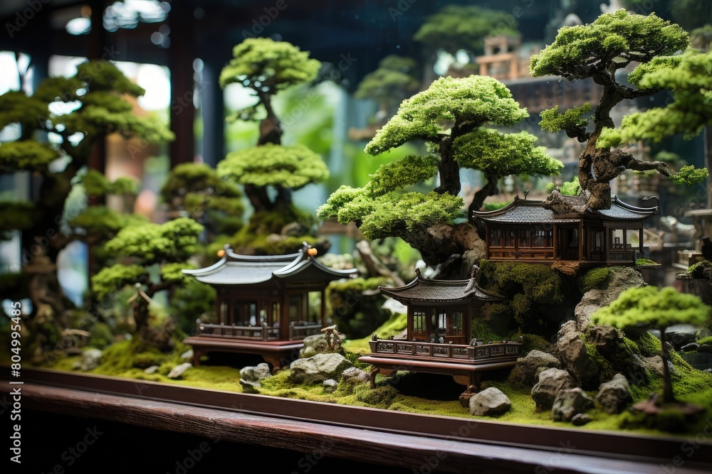 A bonsai garden showcases miniature trees, each one meticulously pruned and cared for.