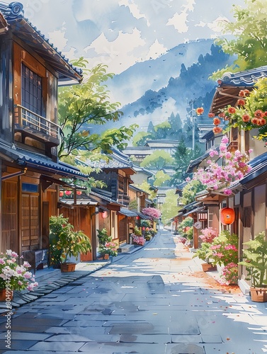 Kyoto streets with windows and houses and flowers in watercolor style © Brian Carter