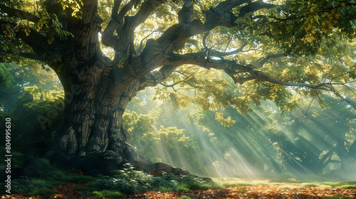 Mystical aura around ancient tree in a sunlit forest clearing.