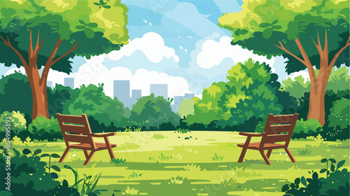 Park with chairs scene Vector illustration. Vector style