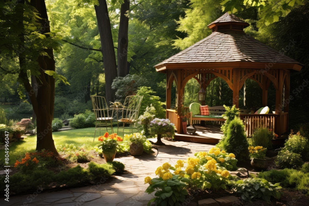 A wooden gazebo provides a shaded spot for visitors to rest and admire the garden's beauty.
