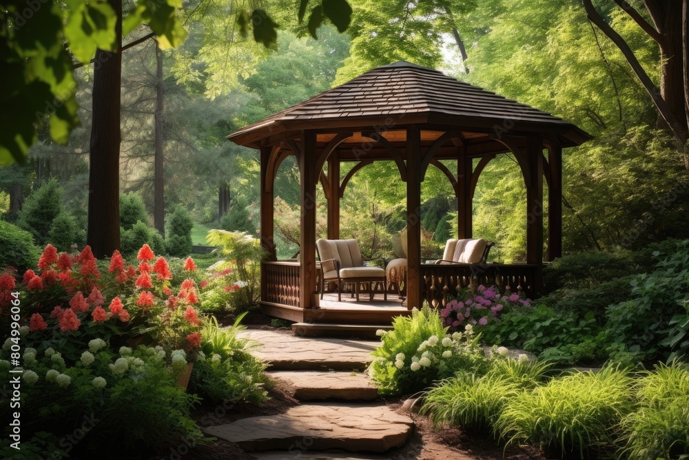 A wooden gazebo provides a shaded spot for visitors to rest and admire the garden's beauty.