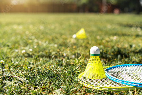 Two badminton rackets and shuttlecock on the green grass. Summer sports activity.  photo