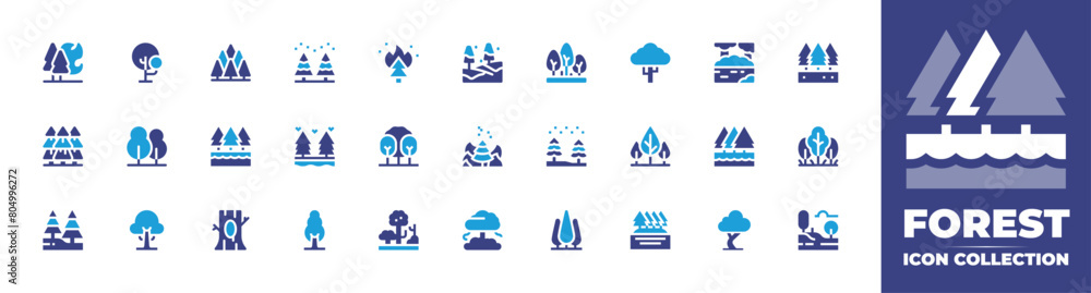 Forest icon collection. Duotone color. Vector and transparent illustration. Containing forest, river, forestfire, woods, tree, trees, lake, jungle.