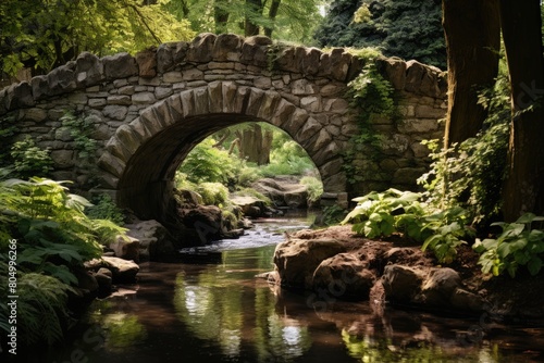 A stone bridge arches gracefully over a narrow stream, connecting two sides of the garden.