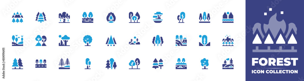 Forest icon collection. Duotone color. Vector and transparent illustration. Containing pine, forest, forestfire, pinetree, field, trees, landscape, tree, road, bonsai.