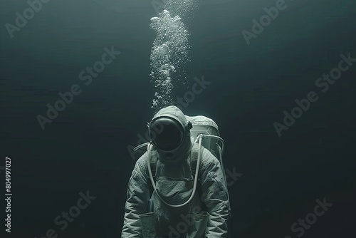 Illustration depicts a deep-sea diver enveloped in an abyss of darkness, with only the faint glow of their helmet light breaking through the inky blackness. photo