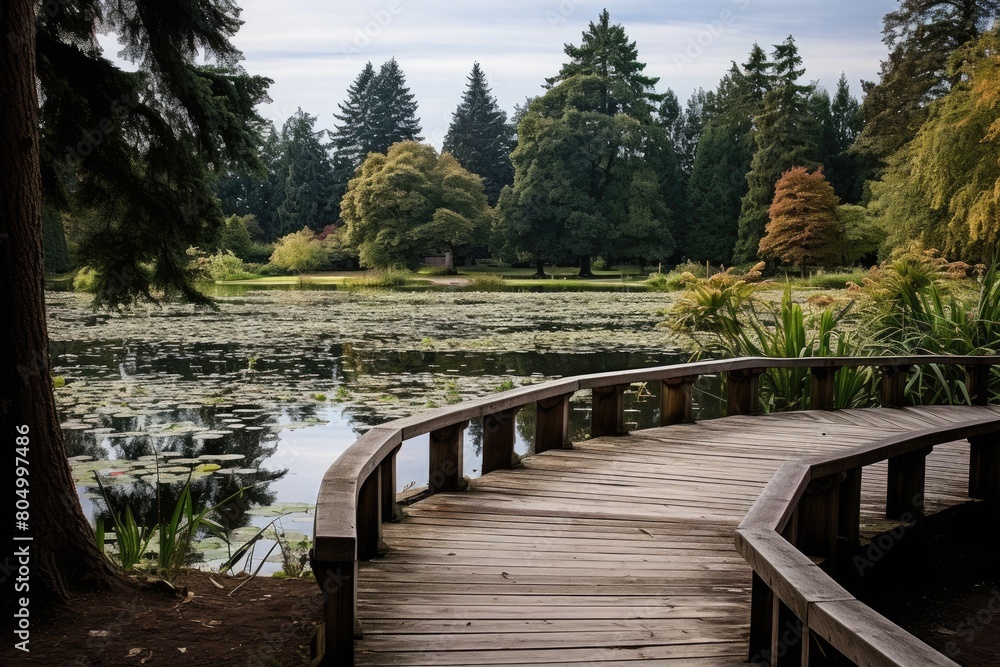 A wooden platform overlooks the pond, providing a scenic spot for visitors to capture photographs.