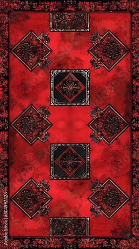 Ornate pattern featuring intricate red squares and detailed borders, perfect for traditional wallpapers or elegant home decor textiles