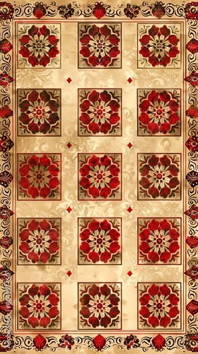 Ornate pattern featuring intricate red squares and detailed borders, perfect for traditional wallpapers or elegant home decor textiles