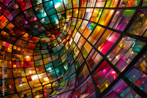 Abstract colorful mosaic square glasses in kaleidoscopic effect  curvy and wavy distortion perspective