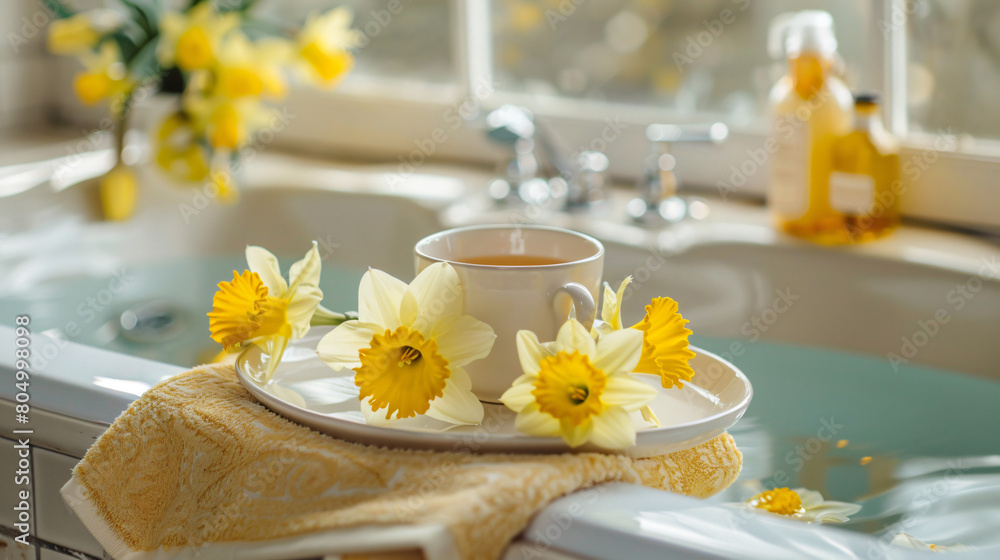 Tray with beautiful daffodils and cup of tea on bathtub