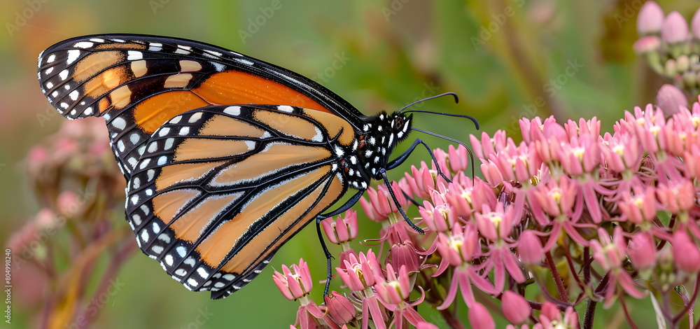 Fototapeta premium Butterfly sucking flower essence in zoomed view High quality photo