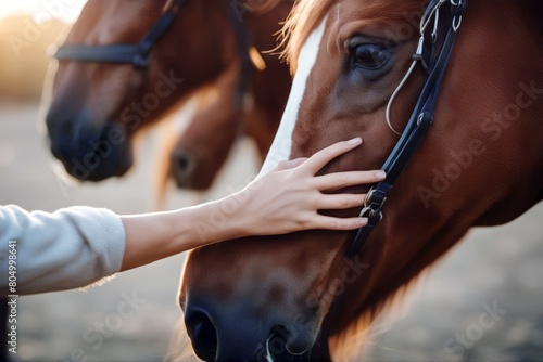 'concept eyes tenderness horse a head close caring female stroking portrait shut brown hand animals eye animal face closeup skin hair friendship nature contact touching emotion friends sorrowful' photo