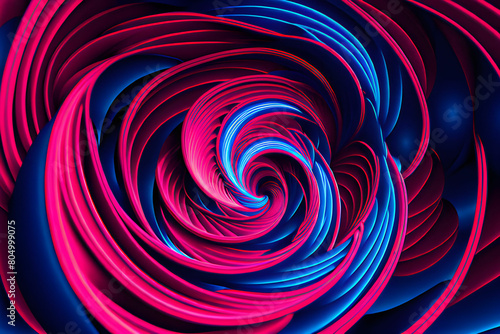 Graphic design art of abstract illusion of spiral with geometric shapes of pink and blue neon lines