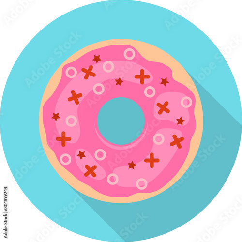 Donut, realistic donut icon isolated on blue background with shadow. Vector, cartoon illustration.
