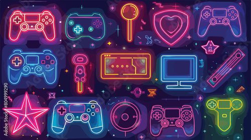 Poster of neon video game icons Vector illustration.