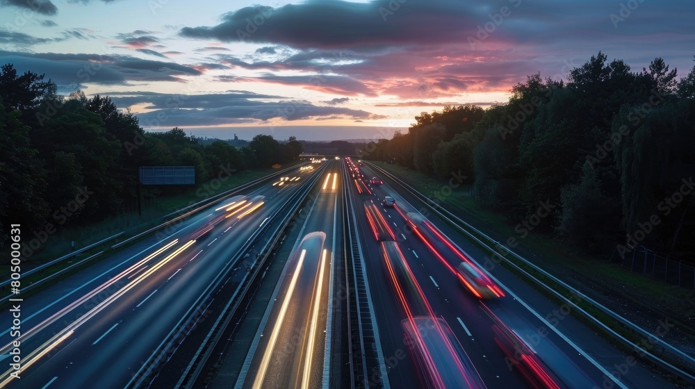 Heavy traffic moving at speed on UK motorway in England at sunset motion blur