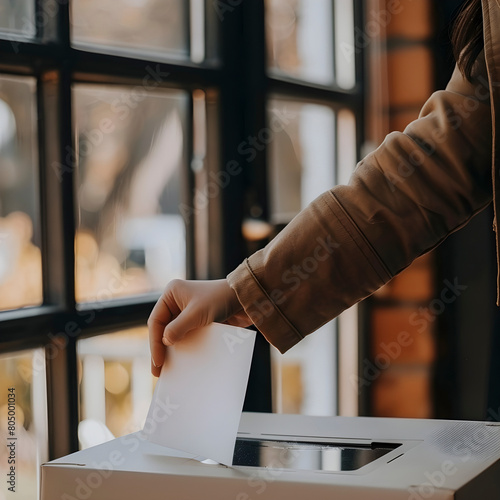 Person submitting a vote into a ballot box, symbolizing democratic participation photo