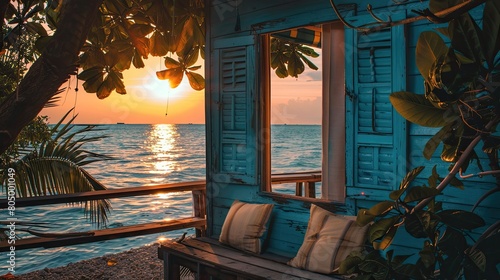 Cute and cozy tropical beach house near the shore in summertime at sunset  blue window  nice relaxing feeling  pillow