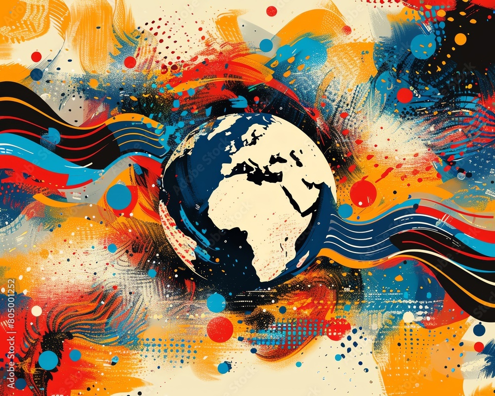 A bold and impactful design with a large globe surrounded by swirling abstract patterns, ideal for international conferences A bold and impactful design with a large globe surrounded by swirling abstract patterns, ideal for international conferences