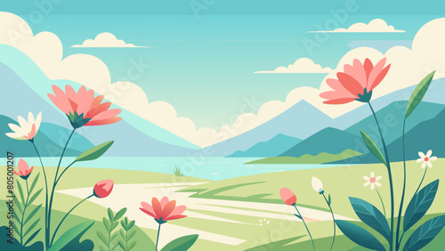 Serene Nature Landscape with Blooming Flowers and Mountains