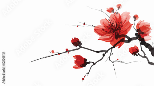 Red Chinese flower over white Vector illustration. 