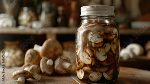 Preserved mushrooms in a glass jar on rustic kitchen counter, home canning concept.