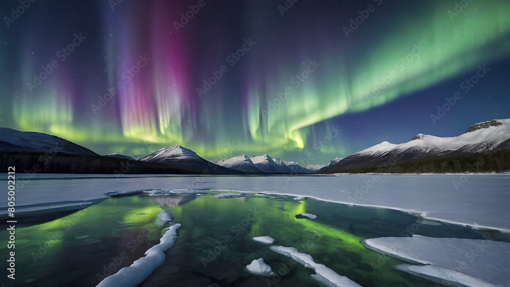 Aurora borealis over a frozen lake. Aurora borealis over a frozen lake.