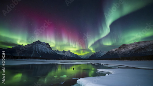Aurora borealis over a frozen lake. photo