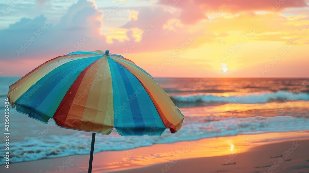 Hello Summer text on a colorful beach umbrella during a vibrant sunset