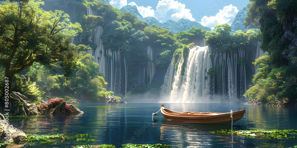 A waterfall in the middle of a jungle with rocks and flowers and trees with boat on water fall lake perfect for nature themes background and wallpaper ,Cascading waterfall surrounded by lush greenery