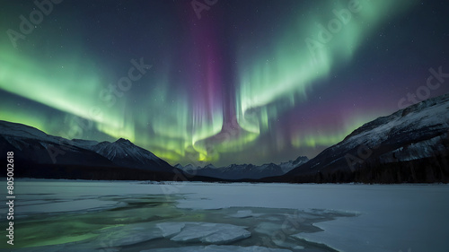 Aurora borealis over a frozen lake. © Pram